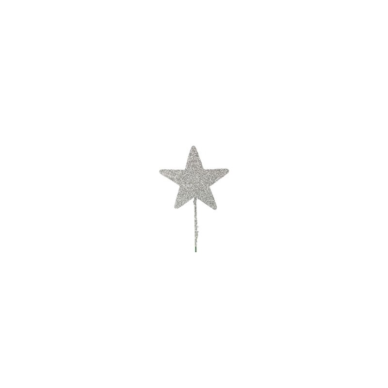 Stjerne 5 cm sølv med glitter på pinne