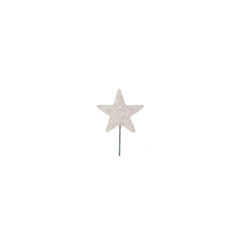 Stjerne 5cm hvit med glitter på pinne