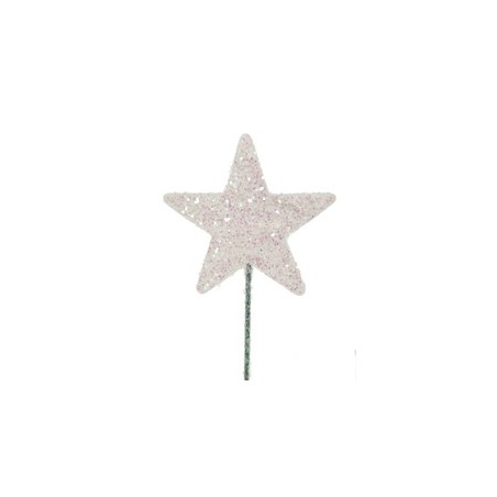 Stjerne 5cm hvit med glitter på pinne