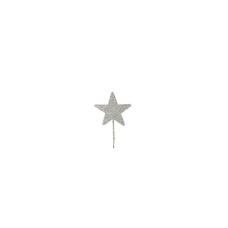 Stjerne 8cm sølv med glitter på pinne