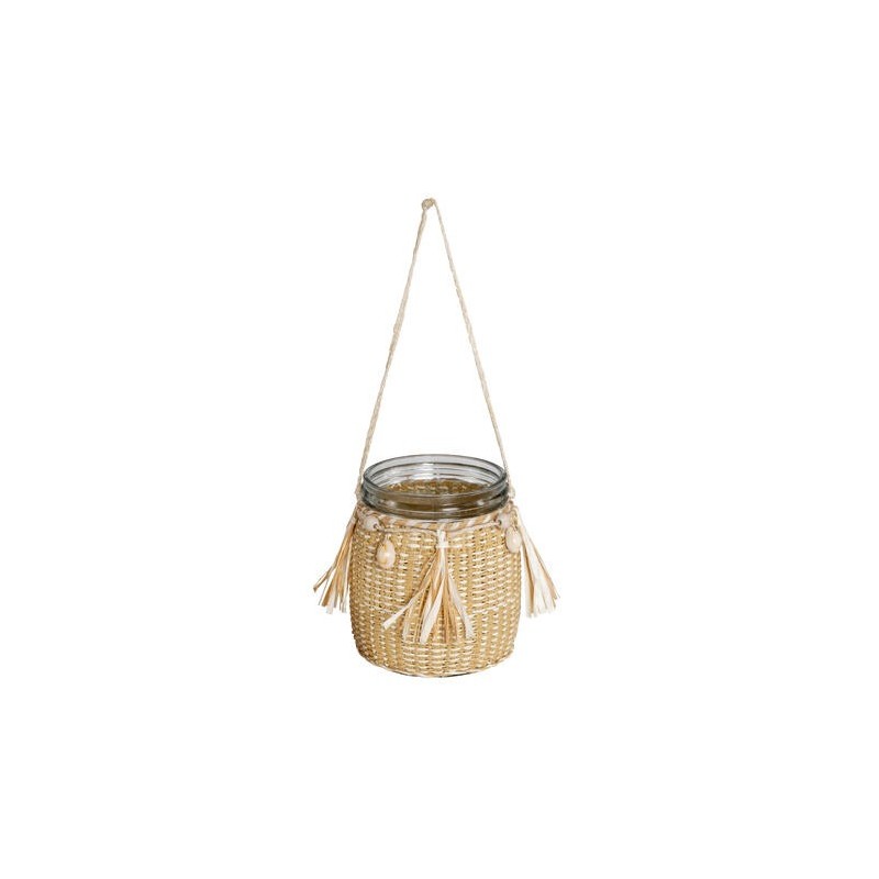 Lysglass flettet med skjell natur for oppheng 12cm