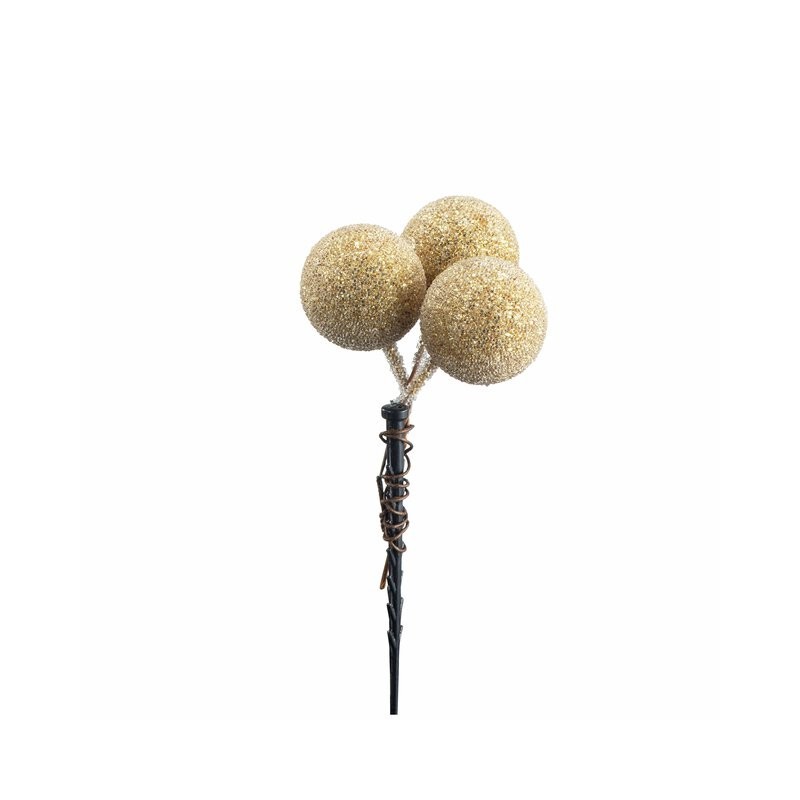Bær m/sukker 3stk D2,5cm, 7cm pinne gullfarget