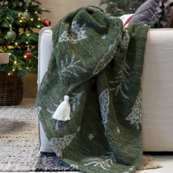 Aix pledd Chenielle m juletrær 150x130cm oliven og kremfarge