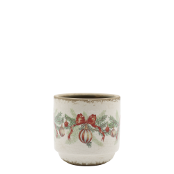 Potte med julekule og sløyfe 10x10cm krem