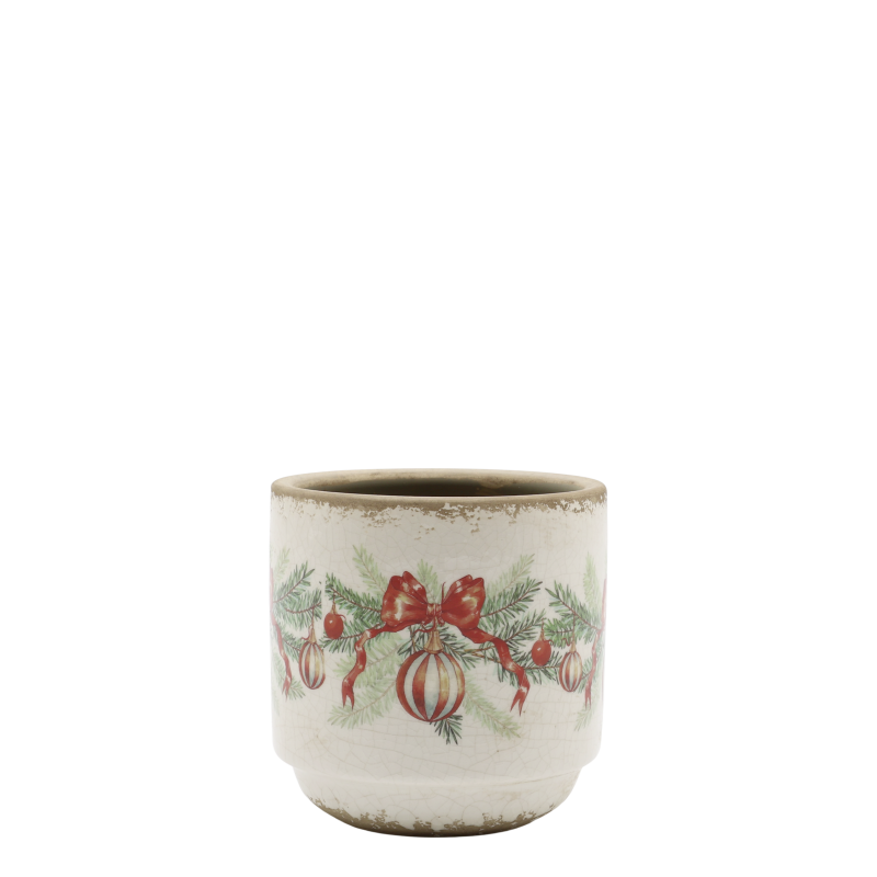 Potte med julekule og sløyfe 10x10cm krem