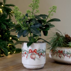 Potte med julekule og sløyfe 10x10cm krem