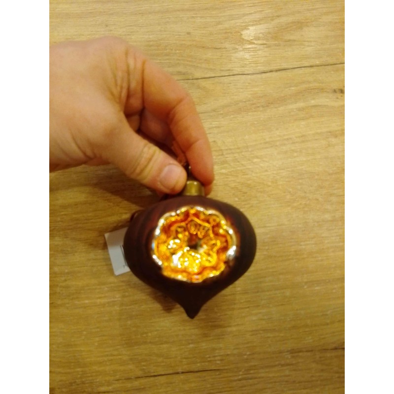 Julekule brun med speilhull antikk løkformet 8cm